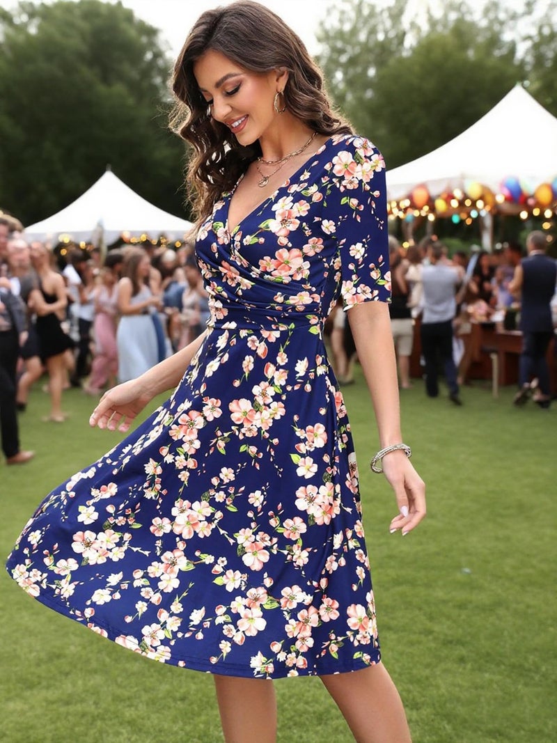 oxiuly Women's Vintage Criss-Cross Necklines Half Sleeve Floral Casual Work Party Cocktail Stretch Swing Dress OX233 (L, Navy Blue F5) - Image 4